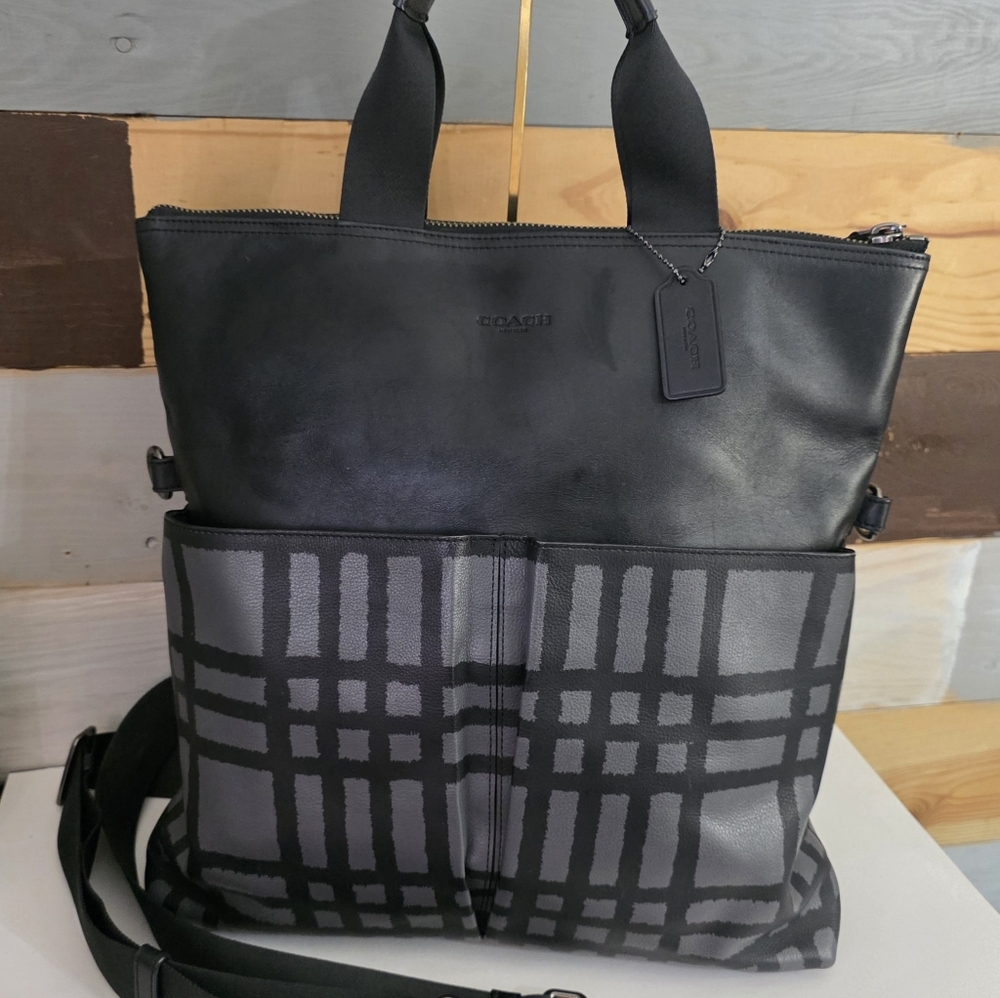 Coach Black Plaid Leather & Canvas Tote - Picture 4 of 16